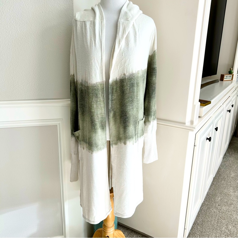 Theo & Spence Ivory and Green Hooded Cardigan Duster Small